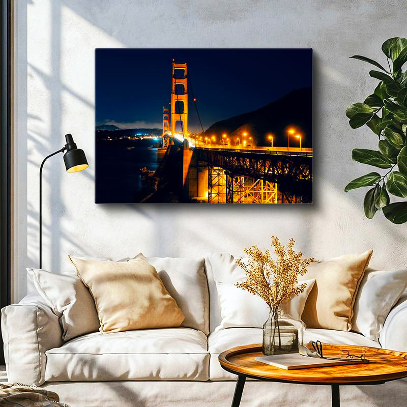 Yatay Kanvas Tablo Golden Gate Köprüsü Gece Çelik Ayaklar Şehir Mimari Tablo Ev Ofis Duvar Dekoru