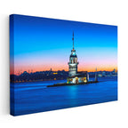 Yatay Kanvas Tablo Kız Kulesi Mavi Deniz ve Gün Batımı Şehir Mimari Tablo Ev Ofis Duvar Dekoru