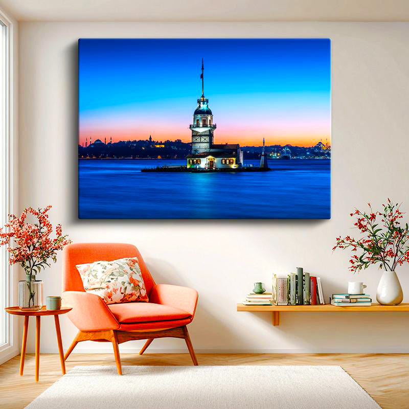 Yatay Kanvas Tablo Kız Kulesi Mavi Deniz ve Gün Batımı Şehir Mimari Tablo Ev Ofis Duvar Dekoru