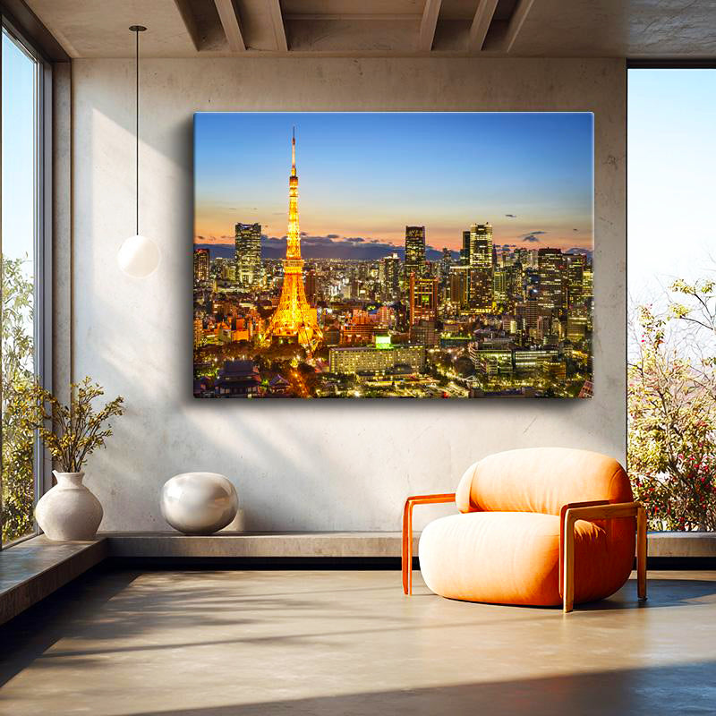 Yatay Kanvas Tablo Tokyo Kulesi ve Gökdelenler Şehir Mimari Tablo Ev Ofis Duvar Dekoru