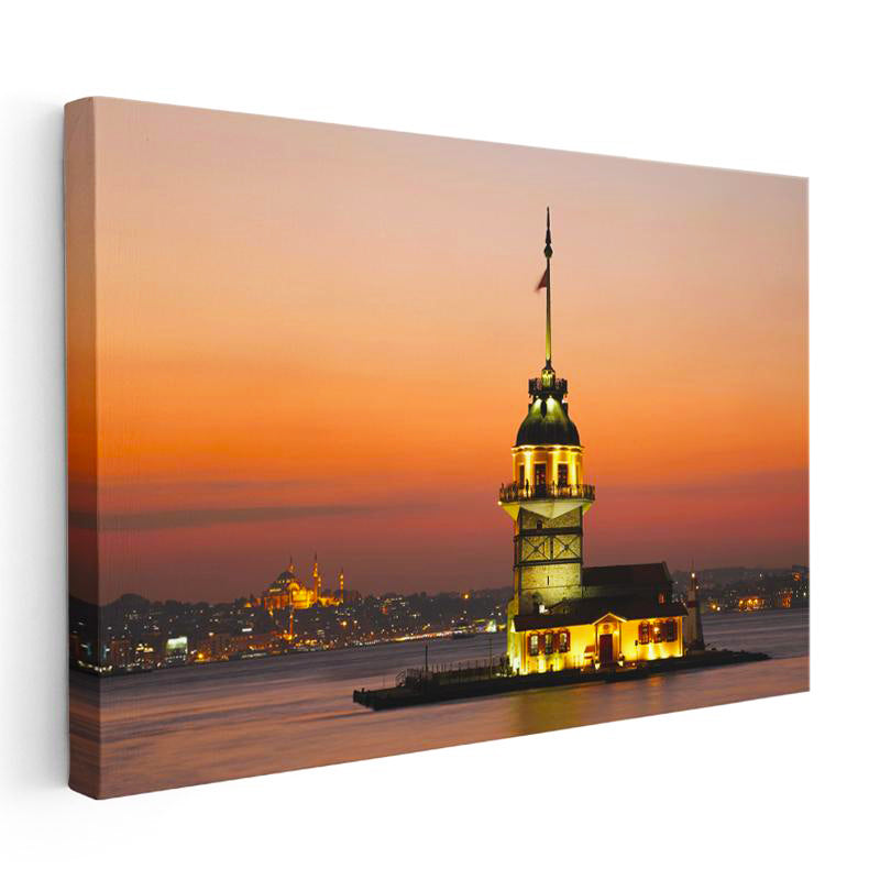 Yatay Kanvas Tablo Kız Kulesi ve İstanbul Silüeti Şehir Mimari Tablo Ev Ofis Duvar Dekoru
