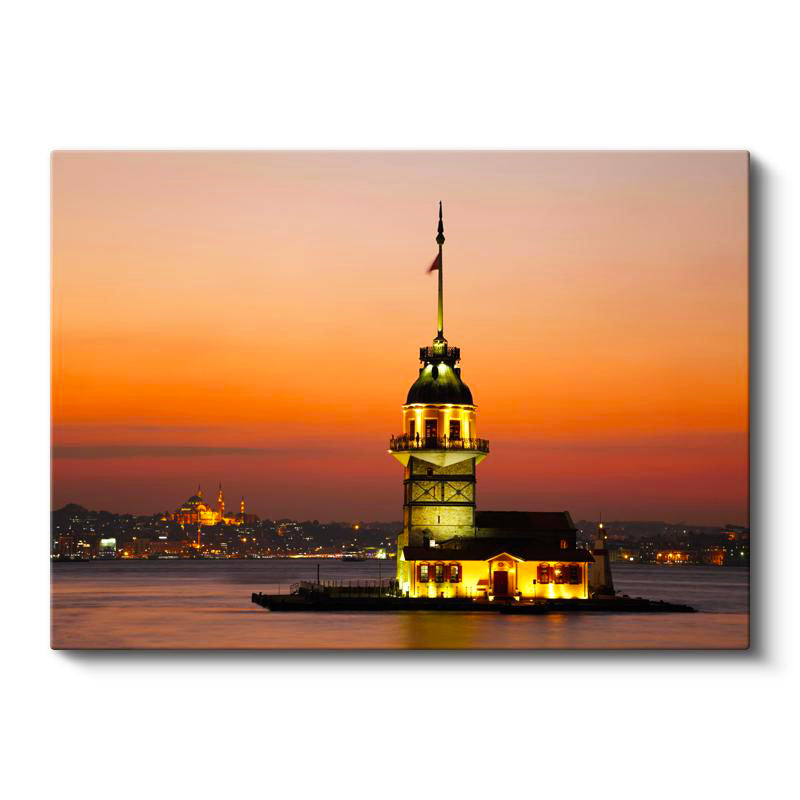 Yatay Kanvas Tablo Kız Kulesi ve İstanbul Silüeti Şehir Mimari Tablo Ev Ofis Duvar Dekoru
