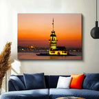 Yatay Kanvas Tablo Kız Kulesi ve İstanbul Silüeti Şehir Mimari Tablo Ev Ofis Duvar Dekoru