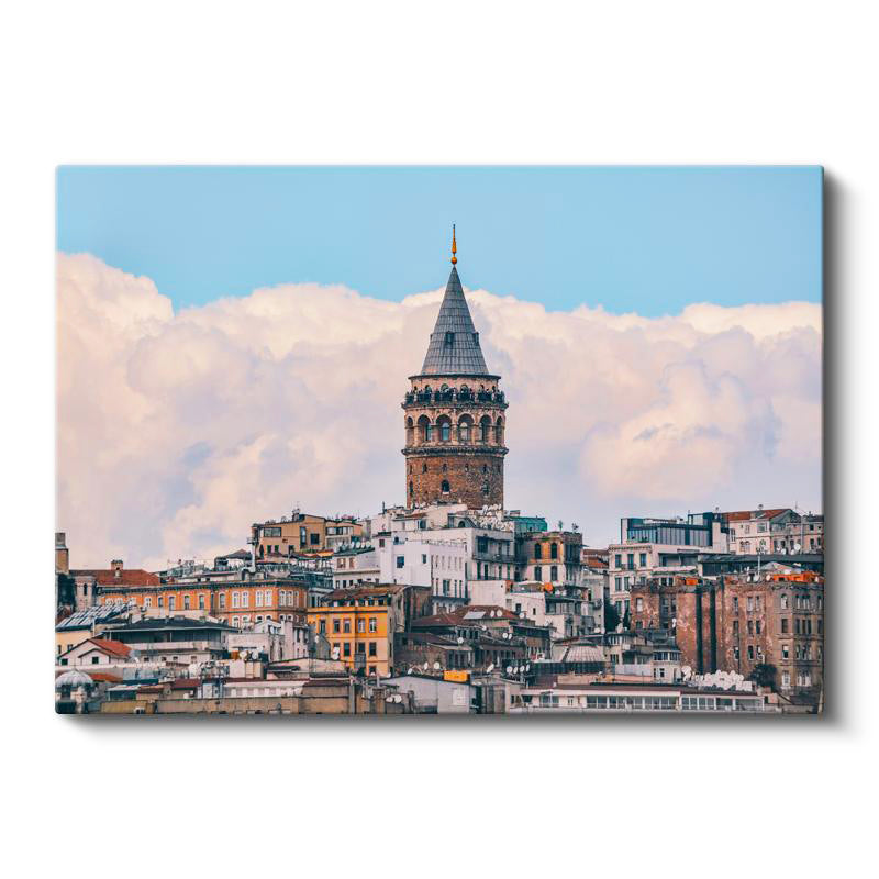 Yatay Kanvas Tablo Galata Kulesi ve Bulutlu Gökyüzü Şehir Mimari Tablo Ev Ofis Duvar Dekoru