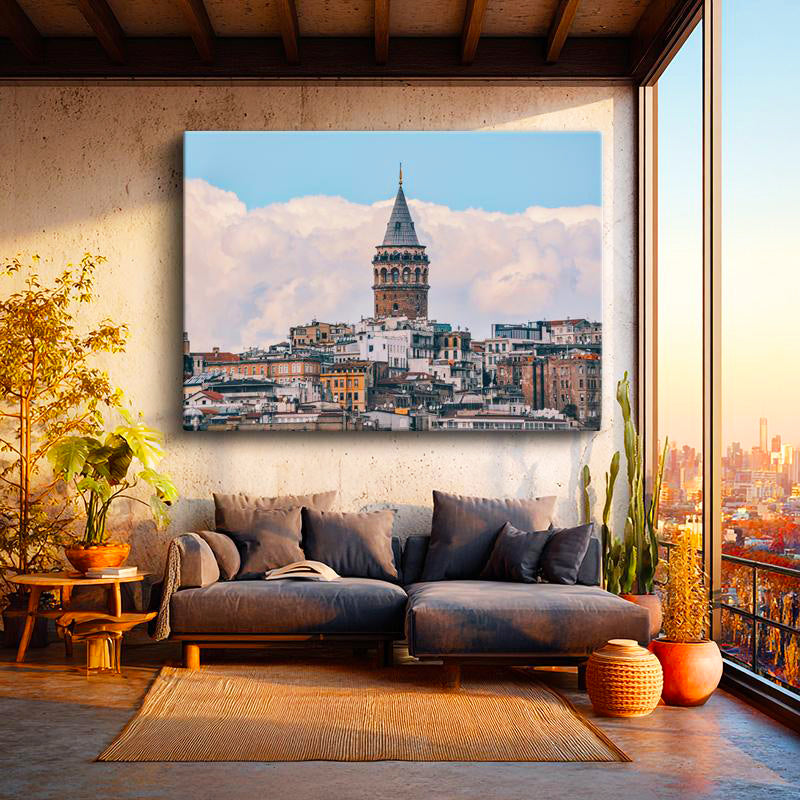 Yatay Kanvas Tablo Galata Kulesi ve Bulutlu Gökyüzü Şehir Mimari Tablo Ev Ofis Duvar Dekoru