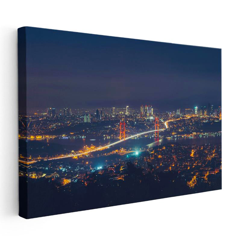 Yatay Kanvas Tablo Boğaz Köprüsü ve Uzak Şehir Işıkları Şehir Mimari Tablo Ev Ofis Duvar Dekoru