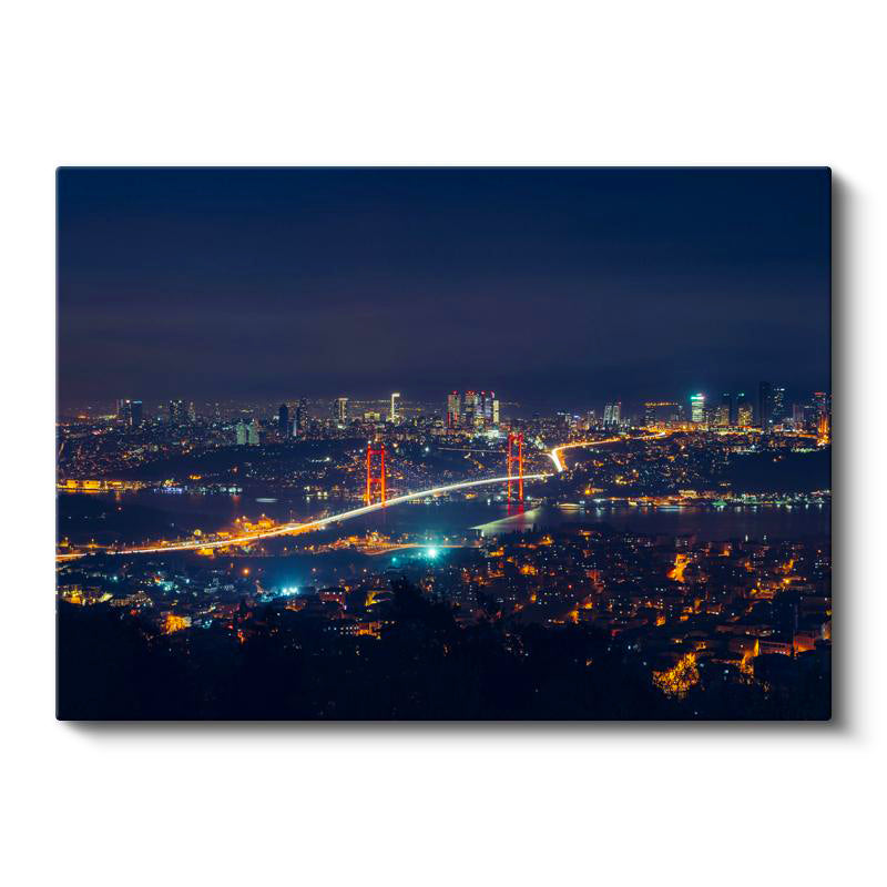 Yatay Kanvas Tablo Boğaz Köprüsü ve Uzak Şehir Işıkları Şehir Mimari Tablo Ev Ofis Duvar Dekoru