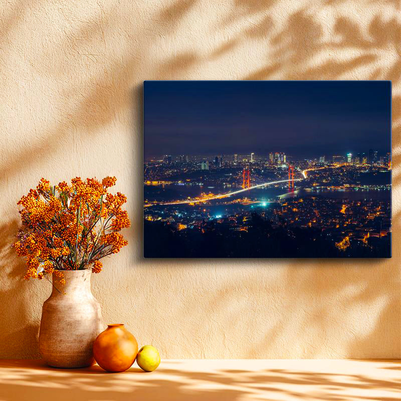 Yatay Kanvas Tablo Boğaz Köprüsü ve Uzak Şehir Işıkları Şehir Mimari Tablo Ev Ofis Duvar Dekoru