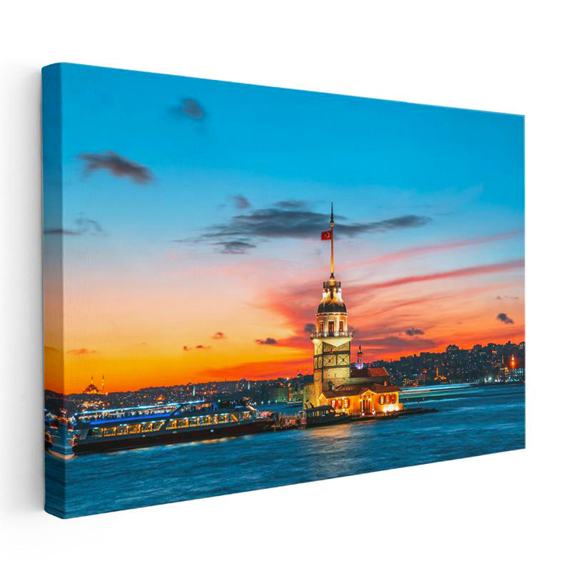 Yatay Kanvas Tablo Kız Kulesi Turuncu Gün Batımı Şehir Mimari Tablo Ev Ofis Duvar Dekoru