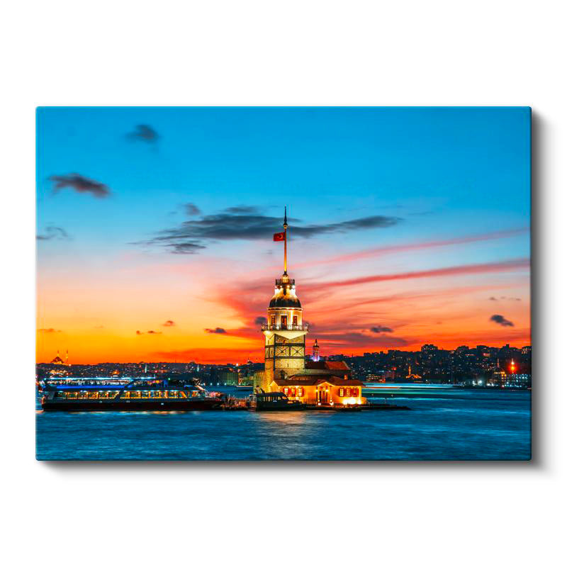 Yatay Kanvas Tablo Kız Kulesi Turuncu Gün Batımı Şehir Mimari Tablo Ev Ofis Duvar Dekoru