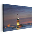 Yatay Kanvas Tablo Kız Kulesi Dingin Deniz ve Işıklar Şehir Mimari Tablo Ev Ofis Duvar Dekoru