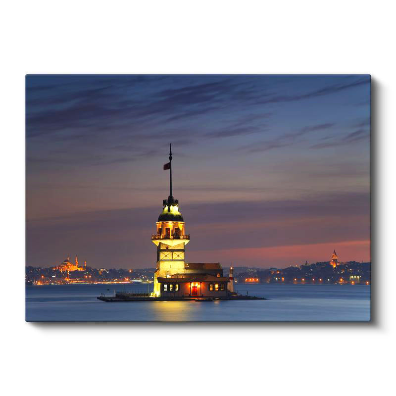 Yatay Kanvas Tablo Kız Kulesi Dingin Deniz ve Işıklar Şehir Mimari Tablo Ev Ofis Duvar Dekoru