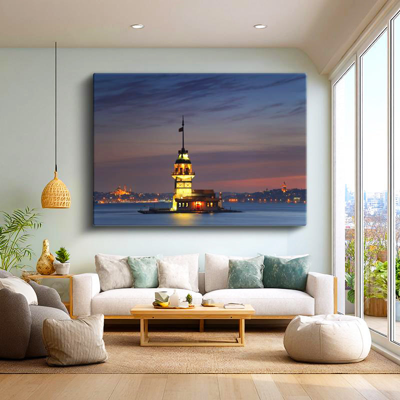 Yatay Kanvas Tablo Kız Kulesi Dingin Deniz ve Işıklar Şehir Mimari Tablo Ev Ofis Duvar Dekoru