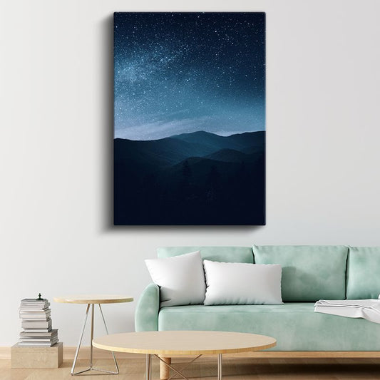 Yıldızlı Gece - Sessiz Dağ Silüetleri Kanvas Tablo