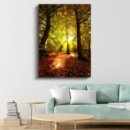 Sonbahar Ormanı - Altın Yapraklar ve Güneş Işığı Kanvas Tablo
