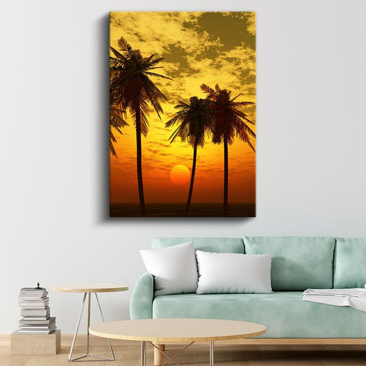 Tropikal Gün Batımı - Palmiyeler ve Turuncu Güneş Kanvas Tablo