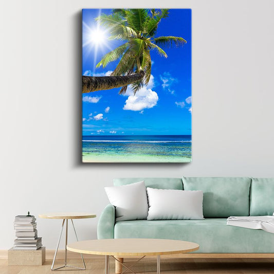 Turkuaz Cennet - Eğik Palmiye ve Kristal Deniz Kanvas Tablo