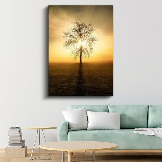 Yalnız Ağaç - Altın Gün Batımı Silüeti Kanvas Tablo