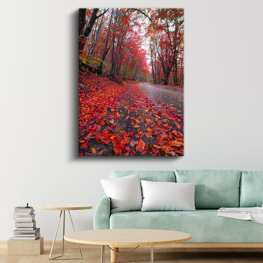 Sonbahar Yolu - Kızıl Yapraklarla Bezeli Orman Kanvas Tablo
