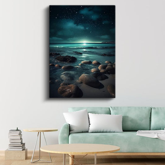 Yıldızlı Sahil - Gece Deniz Manzarası Kanvas Tablo