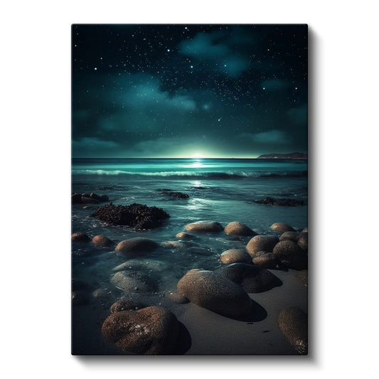Yıldızlı Sahil - Gece Deniz Manzarası Kanvas Tablo