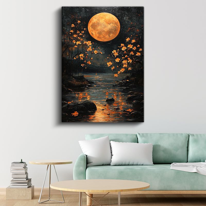 Altın Dolunay - Çiçekli Dere Manzarası Kanvas Tablo