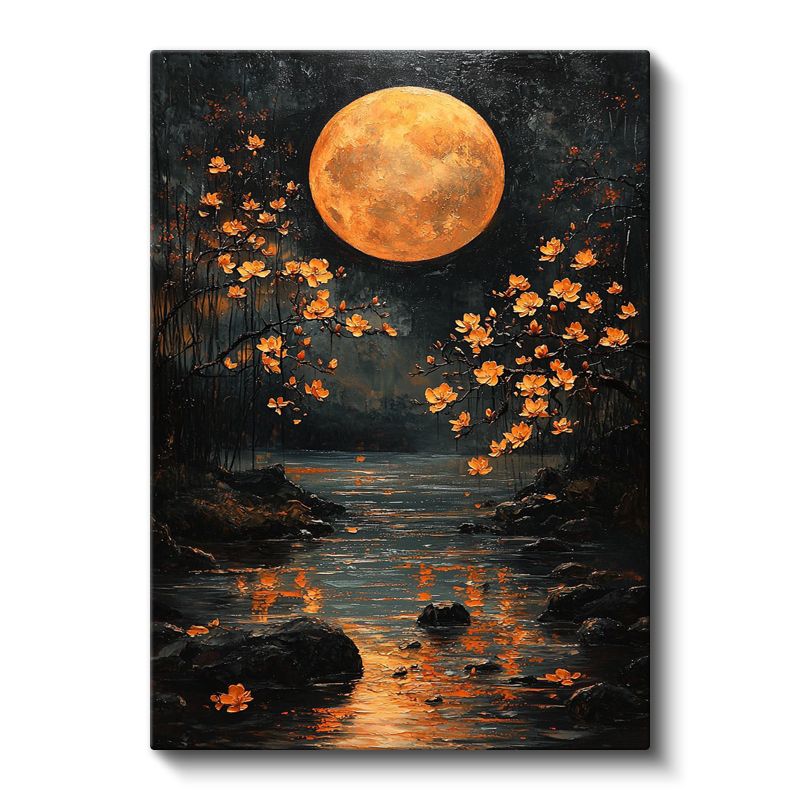 Altın Dolunay - Çiçekli Dere Manzarası Kanvas Tablo