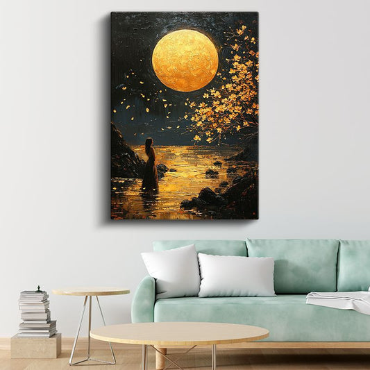 Altın Dolunay - Büyülü Gece Manzarası Kanvas Tablo
