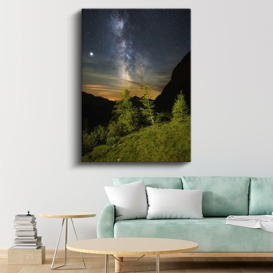 Samanyolu - Dağ Silüetleri Üzerinde Yıldızlı Gece Kanvas Tablo