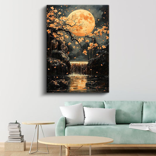Turuncu Ay - Çiçekli Şelale ve Mistik Işık Kanvas Tablo