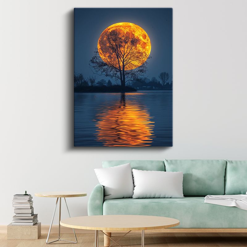 Altın Dolunay - Suda Yansıyan Gece Manzarası Kanvas Tablo