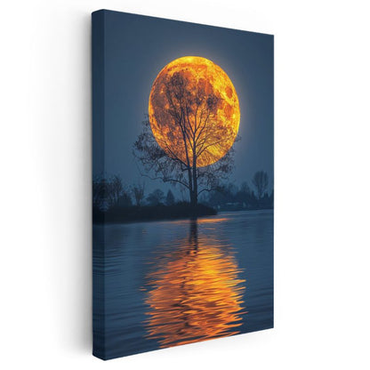 Altın Dolunay - Suda Yansıyan Gece Manzarası Kanvas Tablo