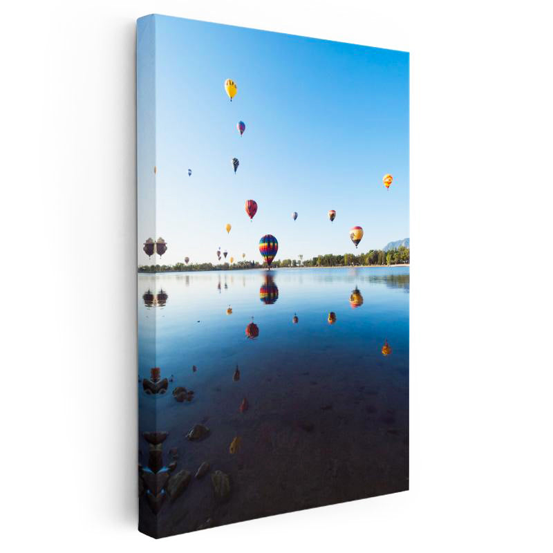 Dikey Kanvas Tablo Gölde Süzülen Sıcak Hava Balonları Manzara Tablosu Ev Ofis Duvar Dekoru