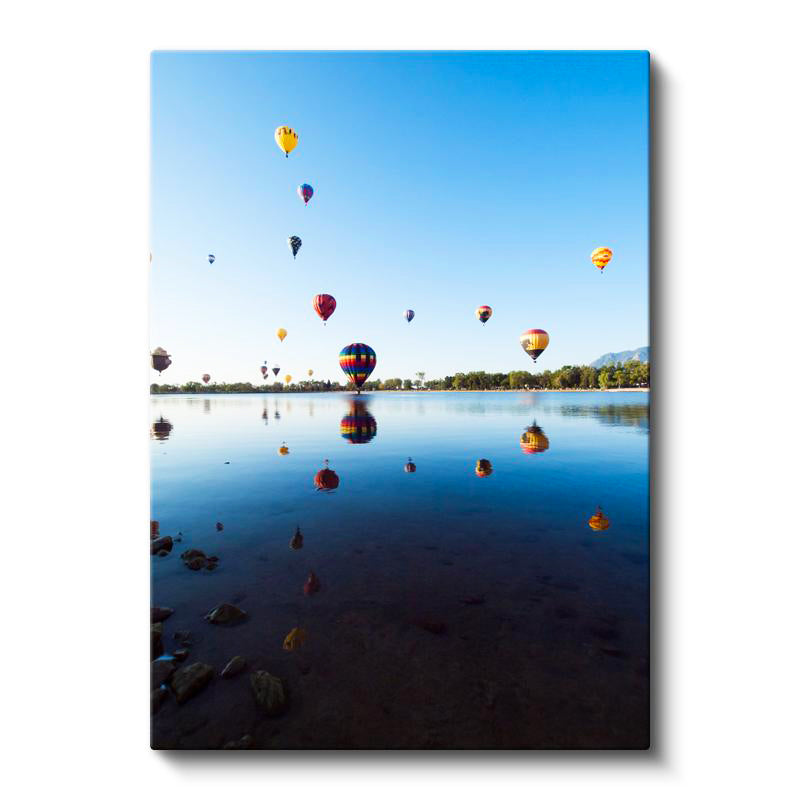 Dikey Kanvas Tablo Gölde Süzülen Sıcak Hava Balonları Manzara Tablosu Ev Ofis Duvar Dekoru