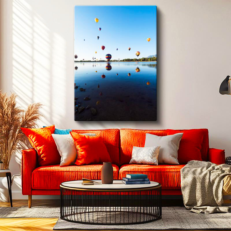 Dikey Kanvas Tablo Gölde Süzülen Sıcak Hava Balonları Manzara Tablosu Ev Ofis Duvar Dekoru