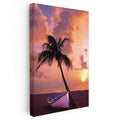 Dikey Kanvas Tablo Gün Batımı Kumsalda Kayık ve Palmiye Manzara Tablosu Ev Ofis Duvar Dekoru