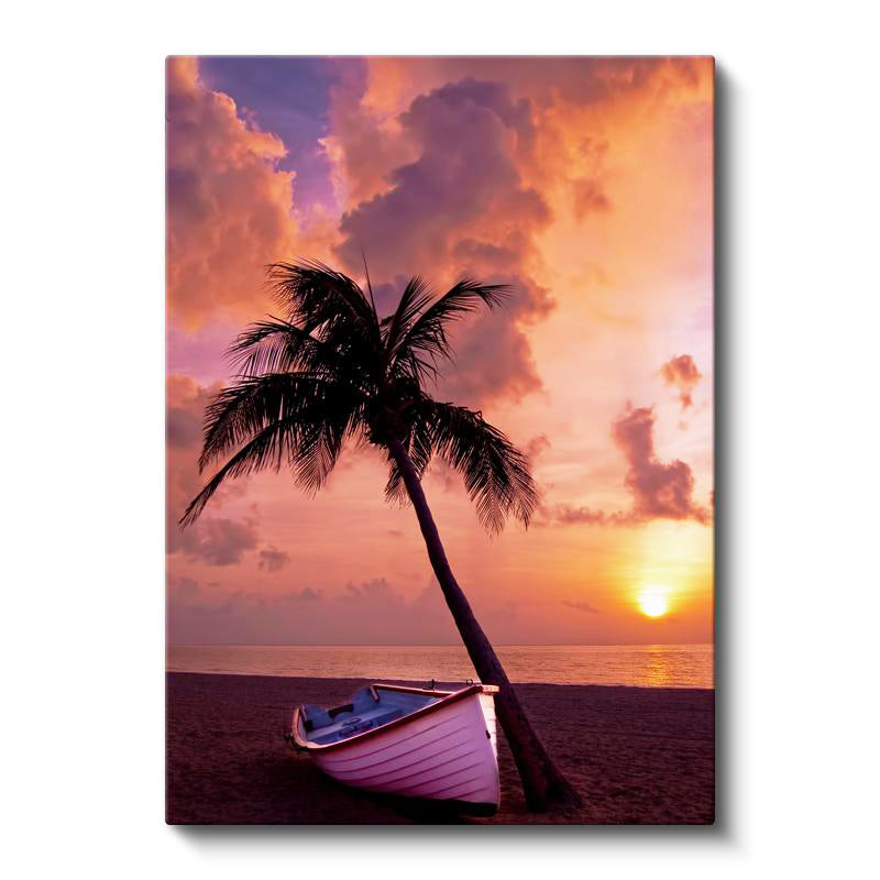 Dikey Kanvas Tablo Gün Batımı Kumsalda Kayık ve Palmiye Manzara Tablosu Ev Ofis Duvar Dekoru