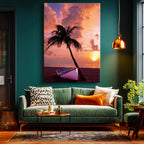 Dikey Kanvas Tablo Gün Batımı Kumsalda Kayık ve Palmiye Manzara Tablosu Ev Ofis Duvar Dekoru