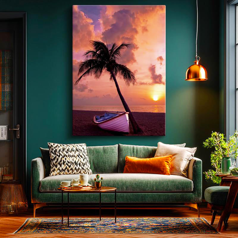 Dikey Kanvas Tablo Gün Batımı Kumsalda Kayık ve Palmiye Manzara Tablosu Ev Ofis Duvar Dekoru