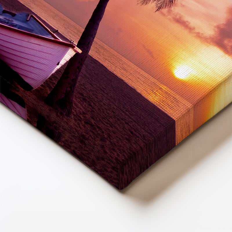 Dikey Kanvas Tablo Gün Batımı Kumsalda Kayık ve Palmiye Manzara Tablosu Ev Ofis Duvar Dekoru