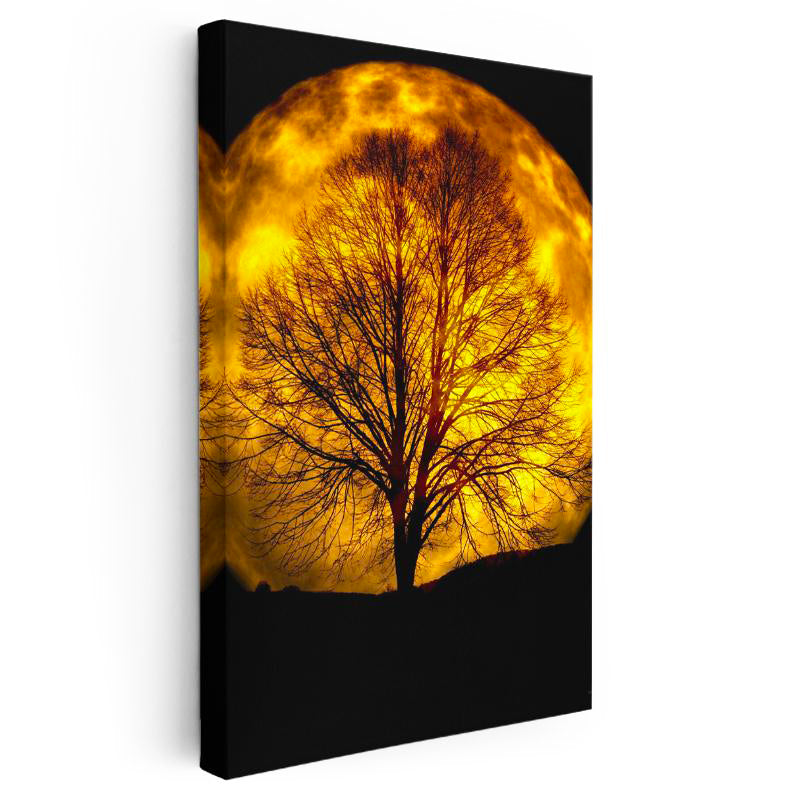 Dikey Kanvas Tablo Dev Dolunay ve Çıplak Ağaç Silüeti Manzara Tablosu Ev Ofis Duvar Dekoru