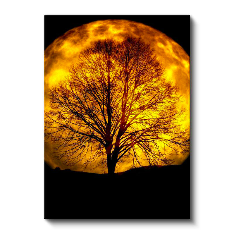 Dikey Kanvas Tablo Dev Dolunay ve Çıplak Ağaç Silüeti Manzara Tablosu Ev Ofis Duvar Dekoru