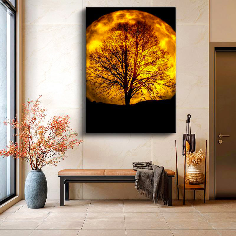 Dikey Kanvas Tablo Dev Dolunay ve Çıplak Ağaç Silüeti Manzara Tablosu Ev Ofis Duvar Dekoru