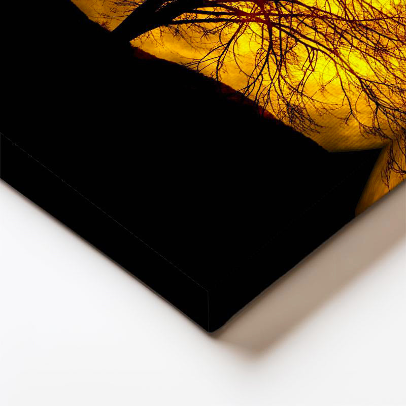 Dikey Kanvas Tablo Dev Dolunay ve Çıplak Ağaç Silüeti Manzara Tablosu Ev Ofis Duvar Dekoru