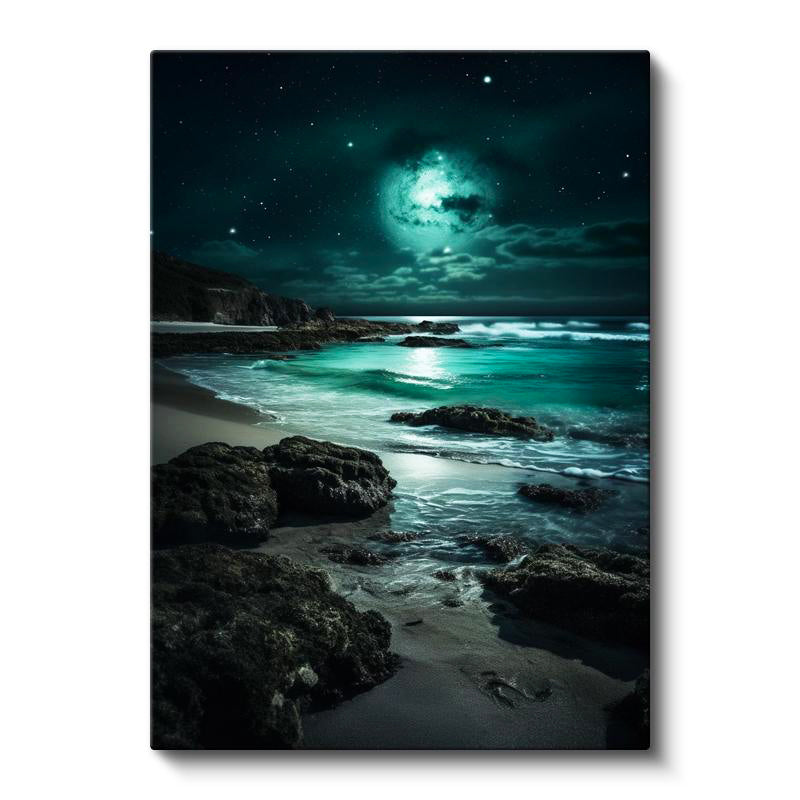 Dikey Kanvas Tablo Mistik Yeşil Dolunay ve Kayalık Sahil Manzara Tablosu Ev Ofis Duvar Dekoru