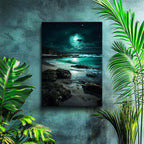 Dikey Kanvas Tablo Mistik Yeşil Dolunay ve Kayalık Sahil Manzara Tablosu Ev Ofis Duvar Dekoru