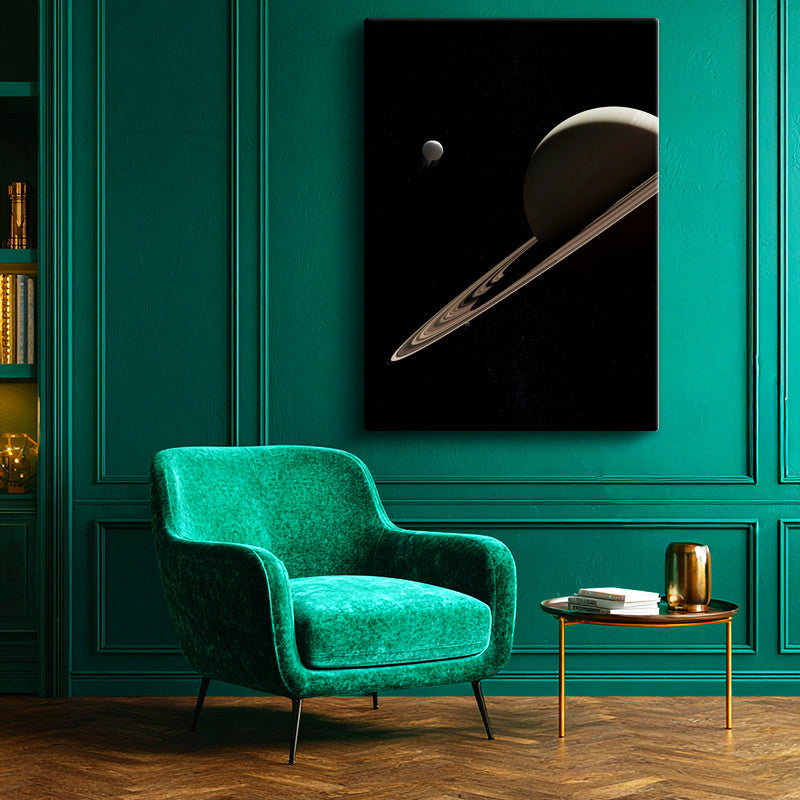 Dikey Kanvas Tablo Satürn Gezegeni Halkaları ve Uydusu Manzara Tablosu Ev Ofis Duvar Dekoru