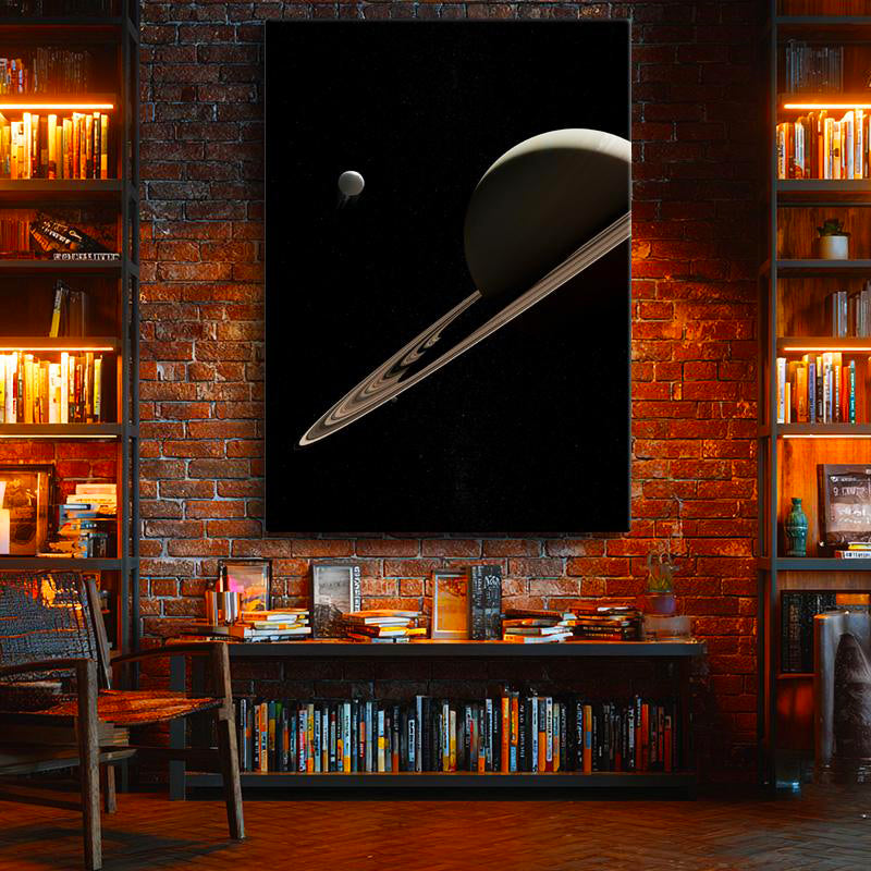 Dikey Kanvas Tablo Satürn Gezegeni Halkaları ve Uydusu Manzara Tablosu Ev Ofis Duvar Dekoru