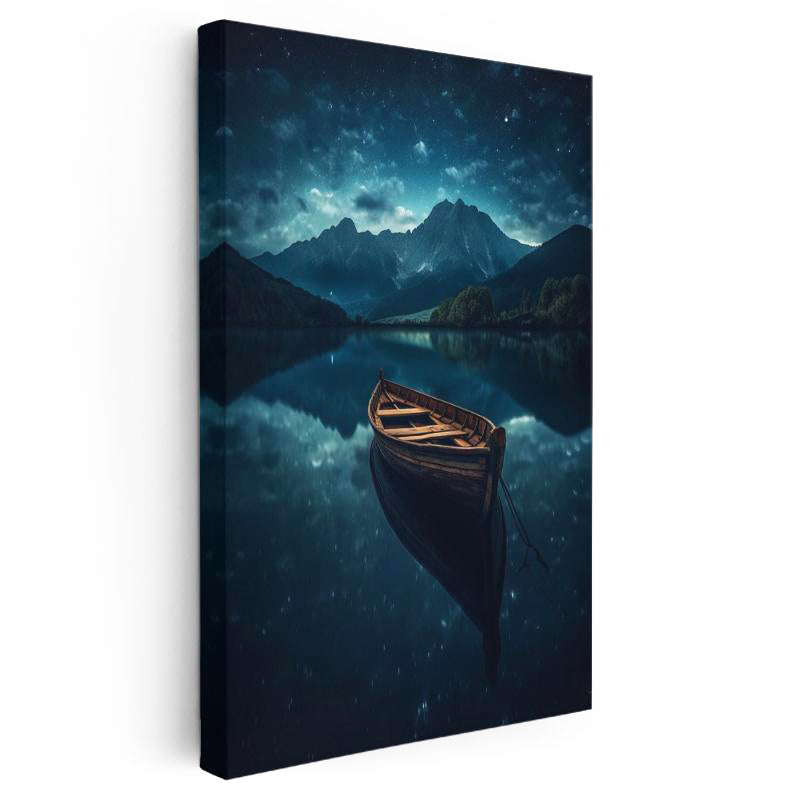 Dikey Kanvas Tablo Gece Gölü Ahşap Kayık ve Dağ Manzarası Manzara Tablosu Ev Ofis Duvar Dekoru