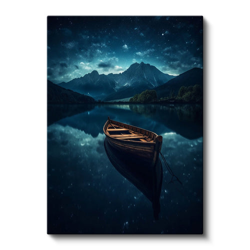 Dikey Kanvas Tablo Gece Gölü Ahşap Kayık ve Dağ Manzarası Manzara Tablosu Ev Ofis Duvar Dekoru